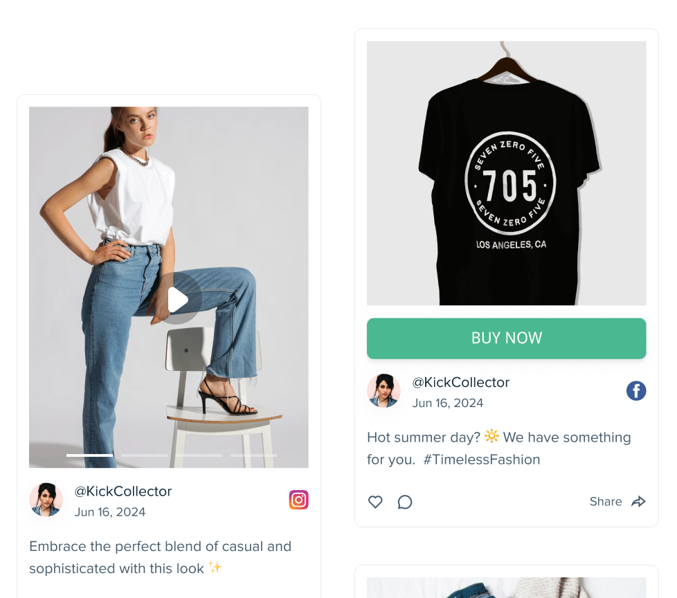 A preview of a Juicer feed widget showing real social media posts from Instagram and Facebook